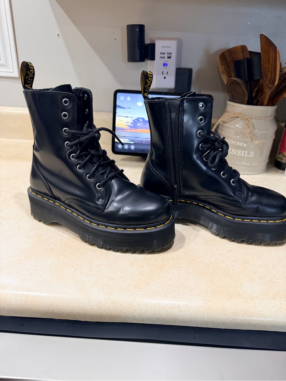Dr. Martens Black Platform Combat Boots with Yellow Stitching